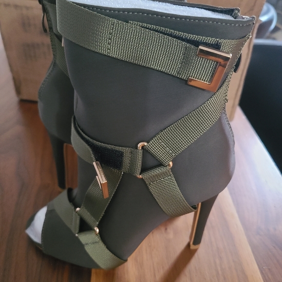 olive green open toe booties